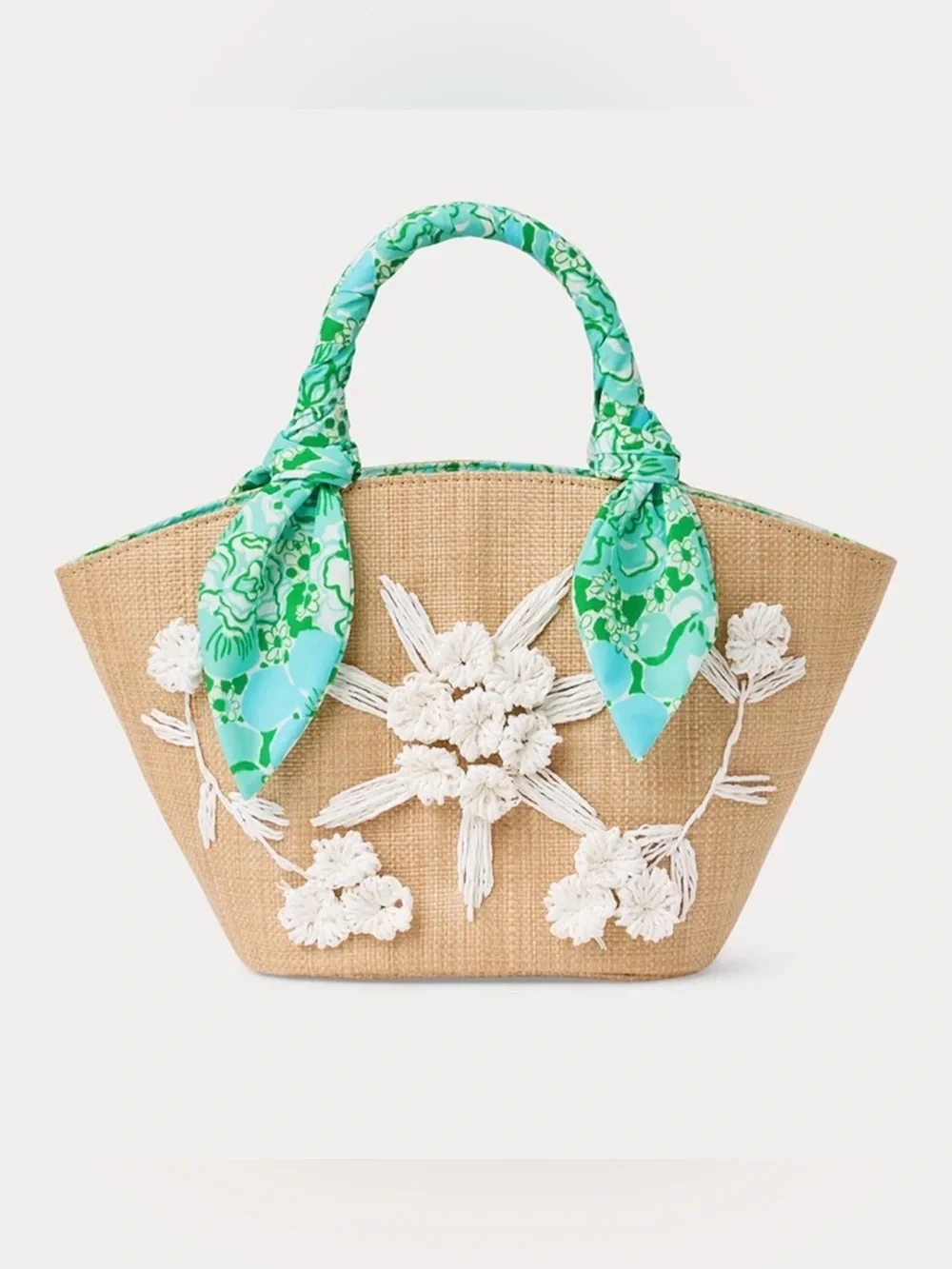 Lilly Pulitzer Natural Straw Mini Tote Bag with Green Floral Scarf Bursts of Joy - Picture 1 of 8